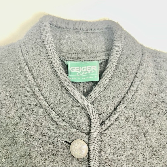VINTAGE Geiger of Austria Smiley Black Boiled Wool Winter Coat Cardigan Jacket S - Picture 9 of 13
